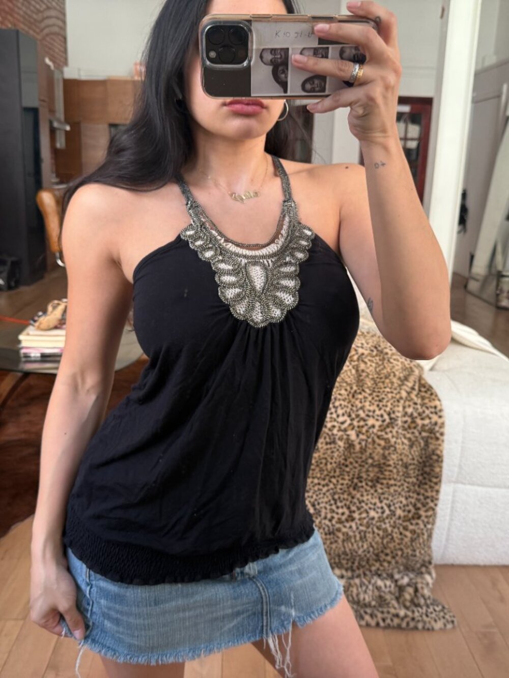 Black Beaded Halter Top S Y2K Boho Going Out
